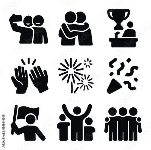 Post-Game Celebration Icons. Solid, filled icons set of post-game celebration: group selfie, hugging teammates