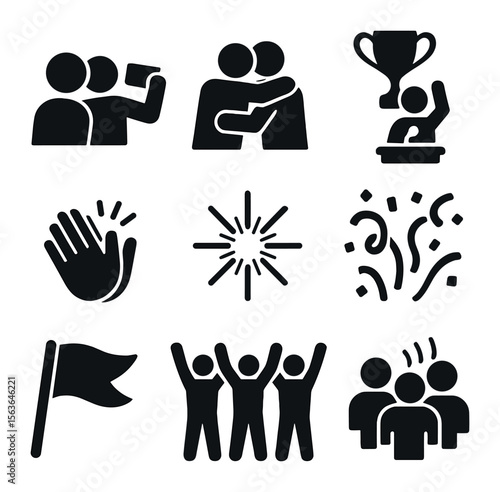 Post-Game Celebration Icons. Solid, filled icons set of post-game celebration: group selfie, hugging teammates