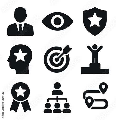 Corporate Leadership Icons. Solid, filled icons set of corporate innovation leadership: executive icon, vision