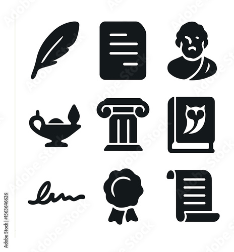 Enlightenment Icon Set. Solid, filled icons set of enlightenment era writers: feather quill, manuscript page,
