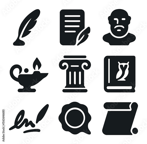 Enlightenment Icon Set. Solid, filled icons set of enlightenment era writers: feather quill, manuscript page,