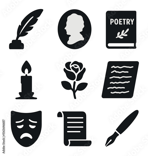 Romantic Authors Icon Set. Solid, filled icons set of Romantic period authors: ink quill, portrait cameo,