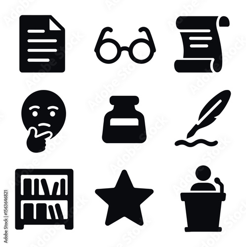 Historic Essay Icons. Solid, filled icons set of historic essayists and critics: essay document, reading