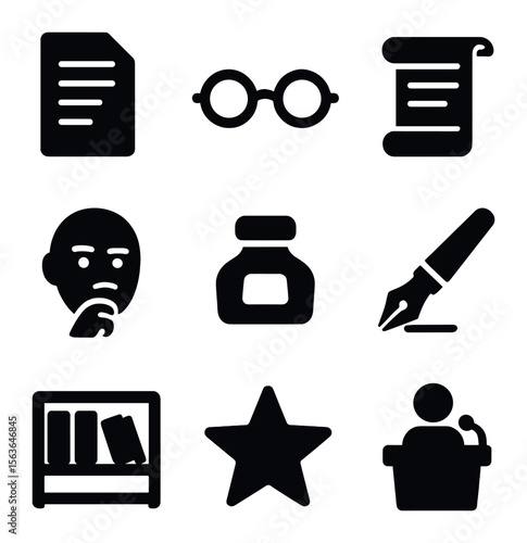 Historic Essay Icons. Solid, filled icons set of historic essayists and critics: essay document, reading
