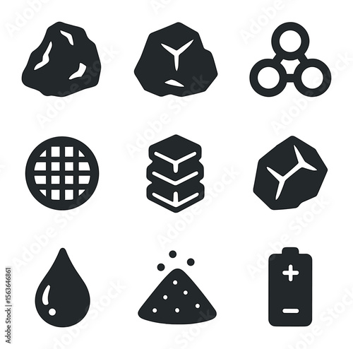 Technology-Critical Mineral Icons. Solid, filled icons set of technology-critical minerals: lithium rock,