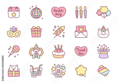 Kawaii birthday icon set. Pastel-colored set of cute birthday icons including gifts, candles, cake, clown, balloons, drinks, stars and party elements isolated on white background. Vector 10 EPS.
