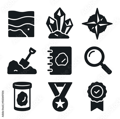 Geology Icon Set. Solid, filled icons set of geology and discovery: rock strata, crystal formation, tectonic