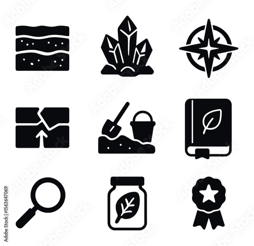 Geology Icon Set. Solid, filled icons set of geology and discovery: rock strata, crystal formation, tectonic