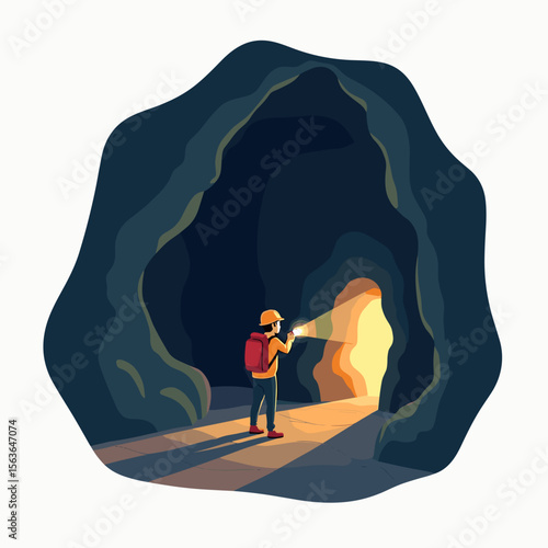 Explorer with Backpack and Flashlight Entering a Dark Cave Illustration, Adventure and Discovery