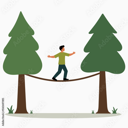 Man Walking on Rope Between Two Trees Illustration, Balancing Act in Nature