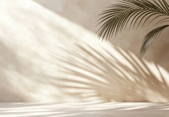 Minimal product placement background with palm shadow on beige plaster wall. Luxury summer architecture interior aesthetic. Boho home room for product platform stage mockup.