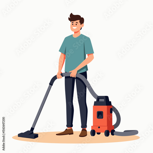 Man Vacuuming Floor Illustration: A Depiction of Home Cleaning and Household Chores