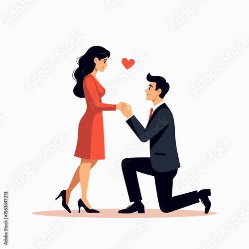 Romantic Proposal Illustration: Man Kneeling Before Woman with Love Hearts Floating Above, Expressing Affection and Commitment
