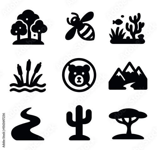 Biodiversity Icons Grid. Solid, filled icons set of biodiversity and ecosystems: rainforest canopy,