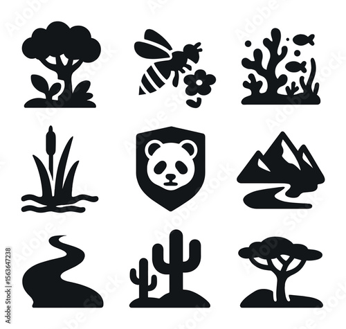 Biodiversity Icons Grid. Solid, filled icons set of biodiversity and ecosystems: rainforest canopy,