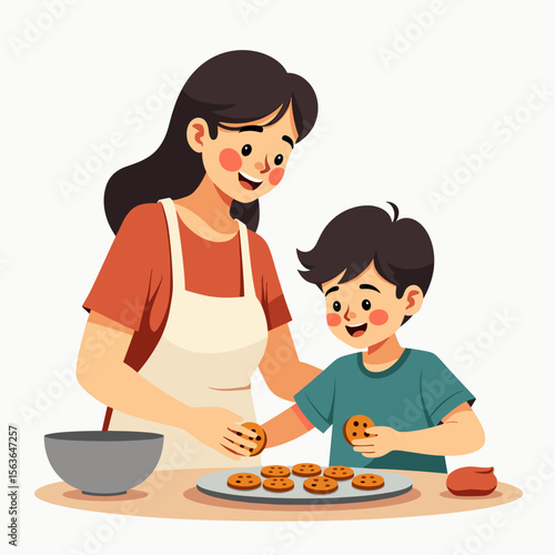 Mother and Son Baking Cookies Together in the Kitchen, a Heartwarming Family Moment Illustration