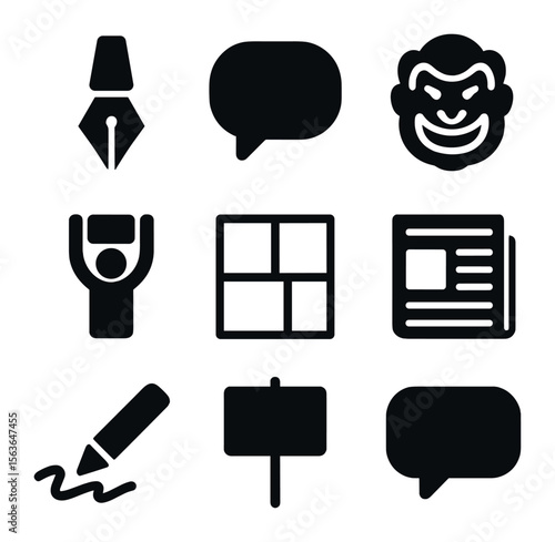 Political Cartoon Icon Set. Solid, filled icons set of political cartooning: ink pen, speech bubble, satire