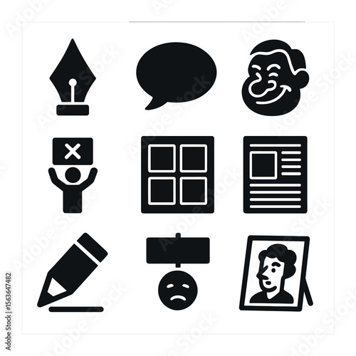 Political Cartoon Icon Set. Solid, filled icons set of political cartooning: ink pen, speech bubble, satire