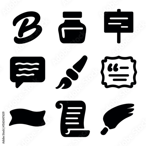 Calligraphy Icon Set. Solid, filled icons set of calligraphy and lettering: bold script, ink bottle, protest