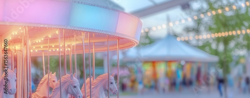 Vibrant carousel at a festive amusement park.