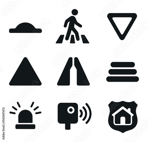 Traffic Calming Icons. Solid, filled icons set of traffic calming symbols: hump icon, pedestrian crossing,