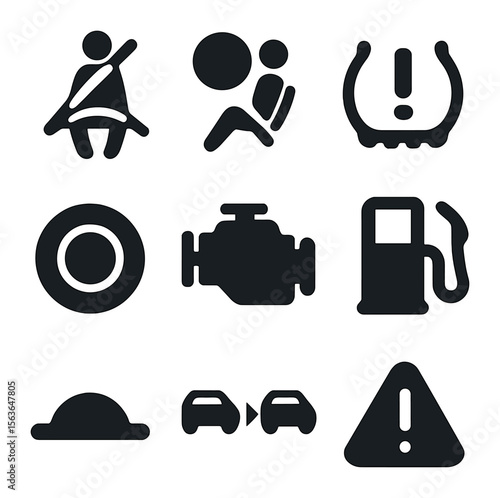 Vehicle Safety Icons. Solid, filled icons set of vehicle safety reminders: seatbelt icon, airbag warning, tire