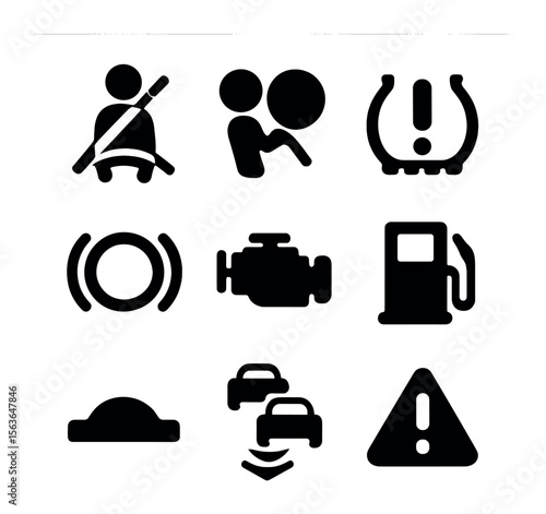 Vehicle Safety Icons. Solid, filled icons set of vehicle safety reminders: seatbelt icon, airbag warning, tire