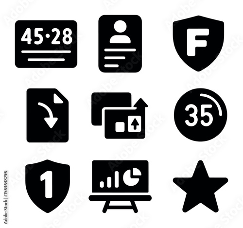 Fantasy League Icon Set. Solid, filled icons set of online fantasy leagues: digital scoreboard, player stats