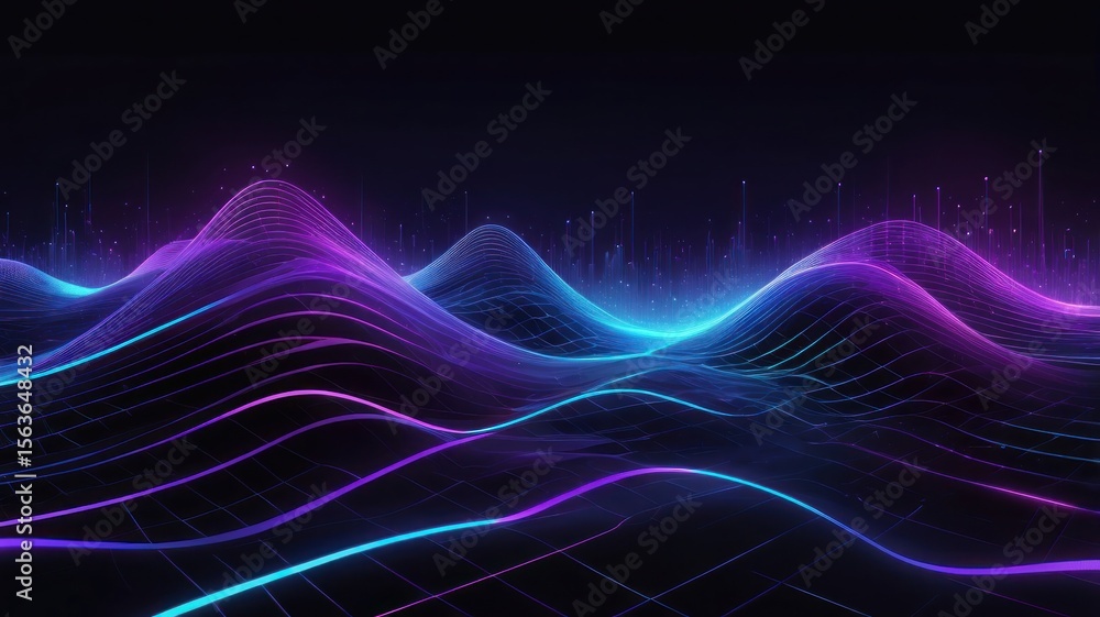 Obraz premium Abstract Neon Waveforms Purple and Blue Digital Landscape