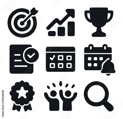 Goal Setting Icons. Solid, filled icons set of goal setting and motivation: target board, progress arrow,