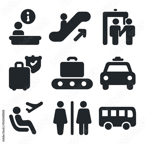 Airport Icons Grid. Solid, filled icons set of airport navigation symbols: information desk, escalator icon,