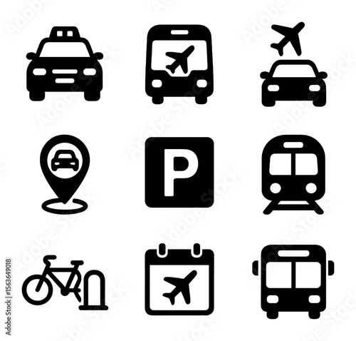 Airport Transport Icons. Solid, filled icons set of transportation to/from airport: taxi cab, airport shuttle,