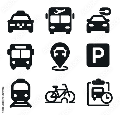Airport Transport Icons. Solid, filled icons set of transportation to/from airport: taxi cab, airport shuttle,