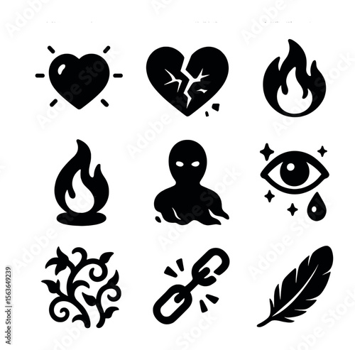 Emotional Icon Set. Solid, filled icons set of emotional dream imagery: glowing hearts, shattered glass,