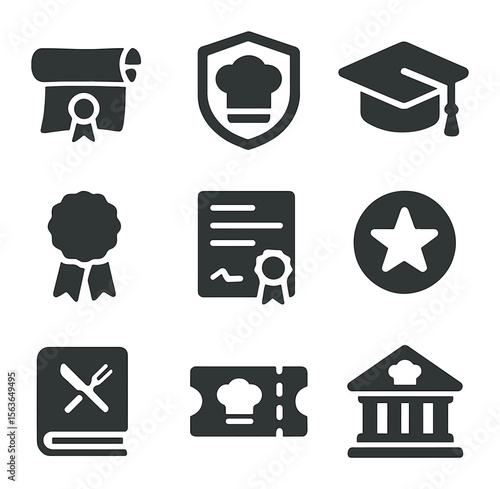 Culinary Certification Icons. Solid, filled icons set of culinary education certifications: diploma scroll,
