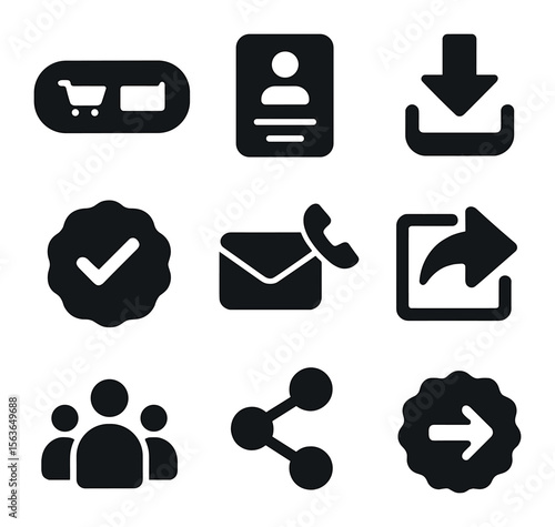 Modern CTA Icon Set. Solid, filled icons set of call to action elements: buy now button, sign up form,