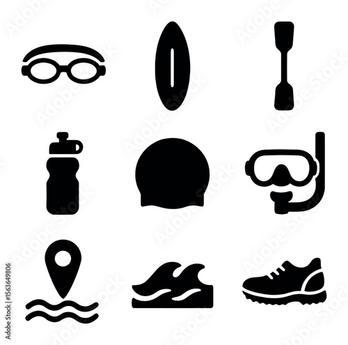 Water Fitness Icons. Solid, filled icons set of water-based fitness: swimming goggles, paddleboard, kayak