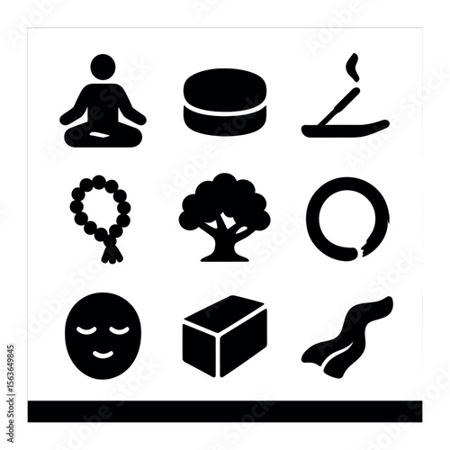Outdoor Yoga Icons. Solid, filled icons set of outdoor yoga and meditation: lotus pose, meditation cushion,