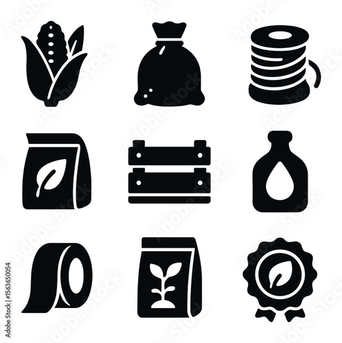 Sustainable Farm Packaging Icons. Solid, filled icons set of sustainable farm packaging: corn husk wrap, jute