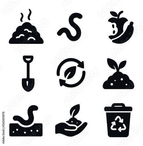 Composting Icon Set. Solid, filled icons set of composting and waste reduction: compost heap, worm icon,
