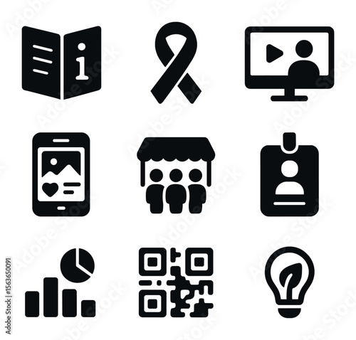 Consumer Awareness Icons. Solid, filled icons set of consumer awareness and education: info booklet, awareness
