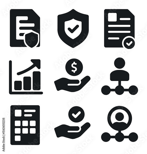Insurance Icon Grid. Solid, filled icons set of insurance and reimbursement: policy document, coverage badge,