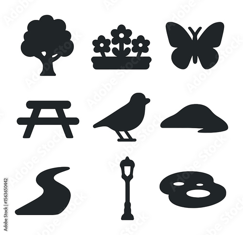 Nature Park Icons. Solid, filled icons set of park and nature elements: oak tree, flower bed, butterfly, bird