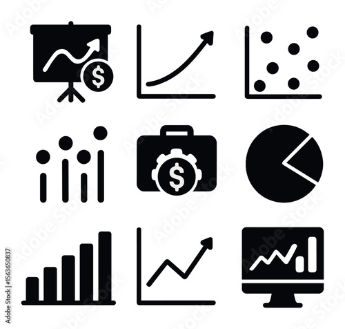 Financial Forecasting Icons. Solid, filled icons set of financial forecasting tools: predictive graph, trend