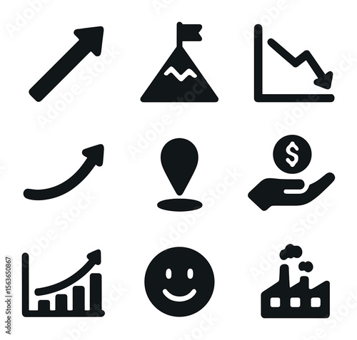 Business Cycle Icons. Solid, filled icons set of business cycle phases: expansion arrow, peak icon, recession
