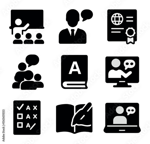Language Education Icons. Solid, filled icons set of language education and training: classroom icon, teacher