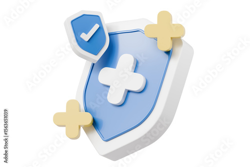 3d Shield with a cross icon symbol on isolated purple background. Protection of health from diseases. Healthcare security insurance medical concept. 3d Minimal insurance blue shield icon. 3d render.