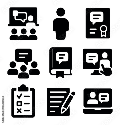 Language Education Icons. Solid, filled icons set of language education and training: classroom icon, teacher