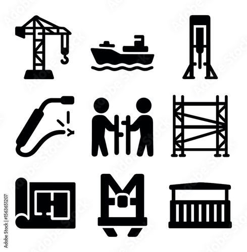 Construction Icons Grid. Solid, filled icons set of construction and installation: heavy crane, transport