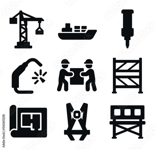 Construction Icons Grid. Solid, filled icons set of construction and installation: heavy crane, transport